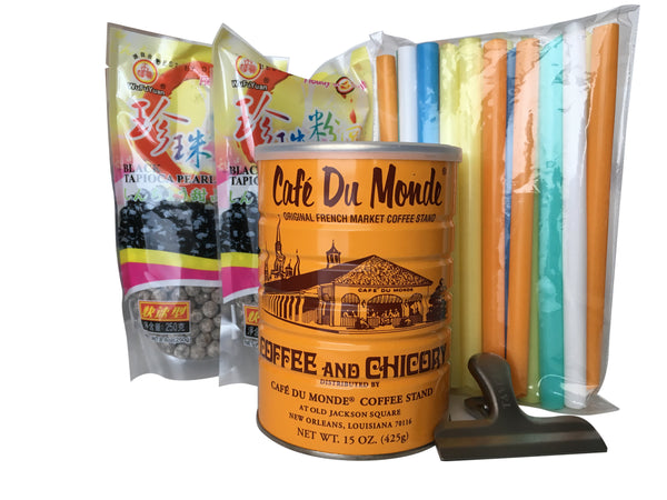 Cafe du Monde Boba Kit for Making Iced Coffee with Black Tapioca Bubble Pearls and Bag Clip from Hanover Shops Collection, Kit B …
